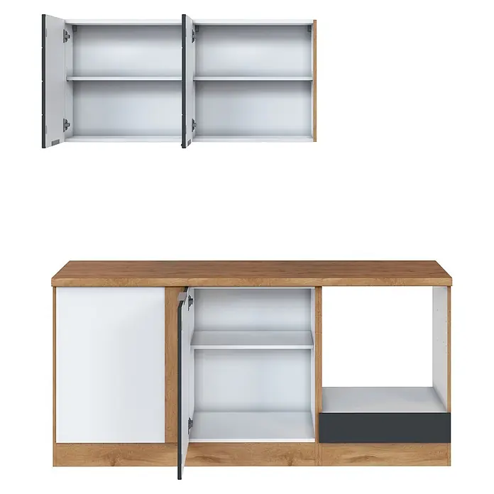 Held Möbel Küchenleerblock Genua Typ 1 - 240 x 180 cm, Grau, Ohne Elektrogeräte - Modulare weiße und helle Holzschränke mit offenen Türen, dunklen Akzenten und internen Regalen.