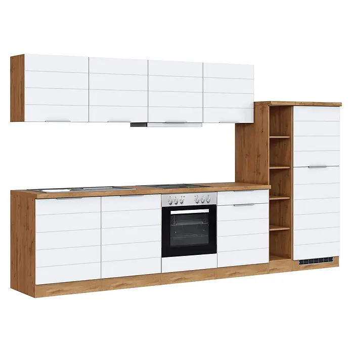 Held Möbel Küchenzeile Genua Typ 1 - Breite: 330 cm, Weiß, Mit Elektrogeräten - Moderne Küchenzeile mit weißen Fronten, Arbeitsplatte/Seitenwänden in Holzoptik, integriertem Backofen, Kochfeld, Spüle und Hochschrank.