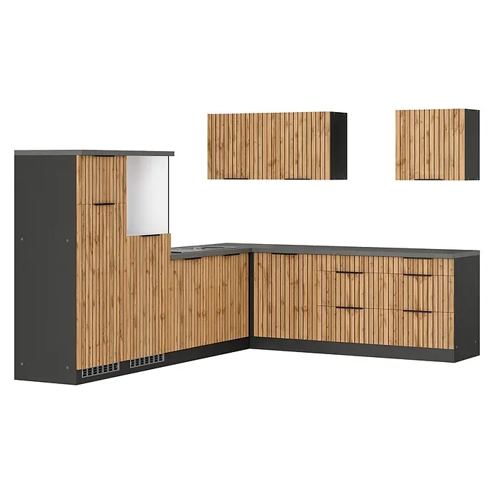 Held Möbel Küchenleerblock Bologna Typ 2 - 300 x 240 cm, Eiche, Ohne Elektrogeräte - L-förmige Küchenzeile mit Holzlamellenfronten in heller Optik, dunkelgrauen Arbeitsplatten und Seitenwänden. Enthält einen Hochschrank und Hängeschränke.