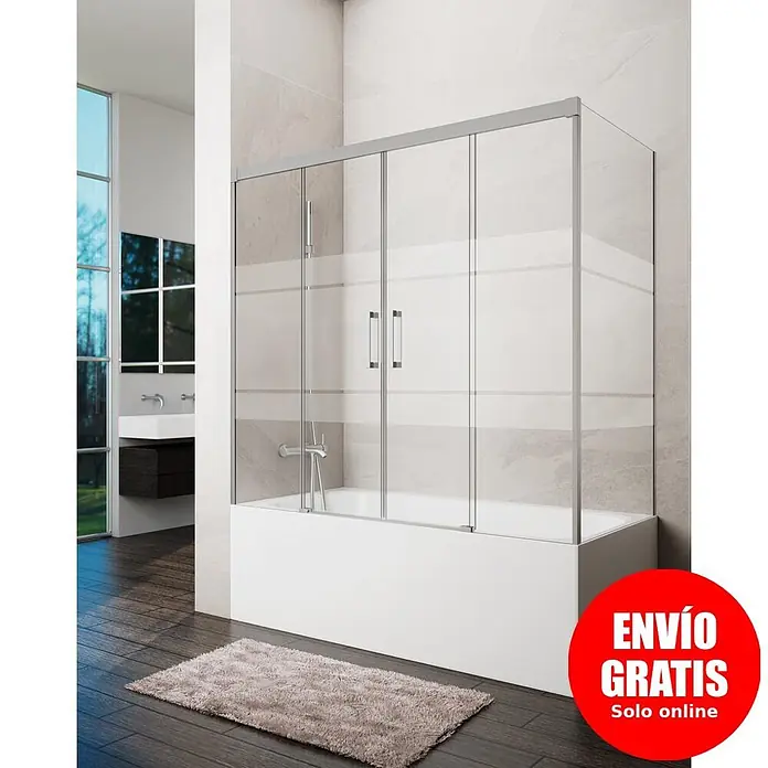 GME Mampara para bañera Basic - An x Al: 172 x 150 cm, Vidrio serigrafiado, Níquel, Lateral 70 - Mampara de bañera con paneles de cristal transparente y esmerilado, marcos plateados y puertas correderas, instalada sobre una bañera blanca.