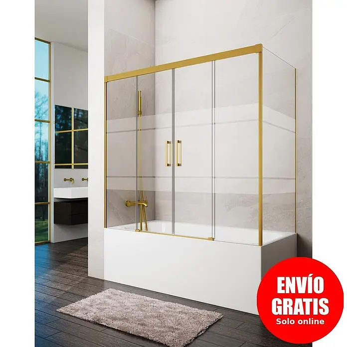 GME Mampara para bañera Basic - An x Al: 182 x 150 cm, Vidrio serigrafiado, Oro, Lateral 75 - Mampara de ducha con marco dorado con paneles transparentes y esmerilados sobre una bañera blanca.