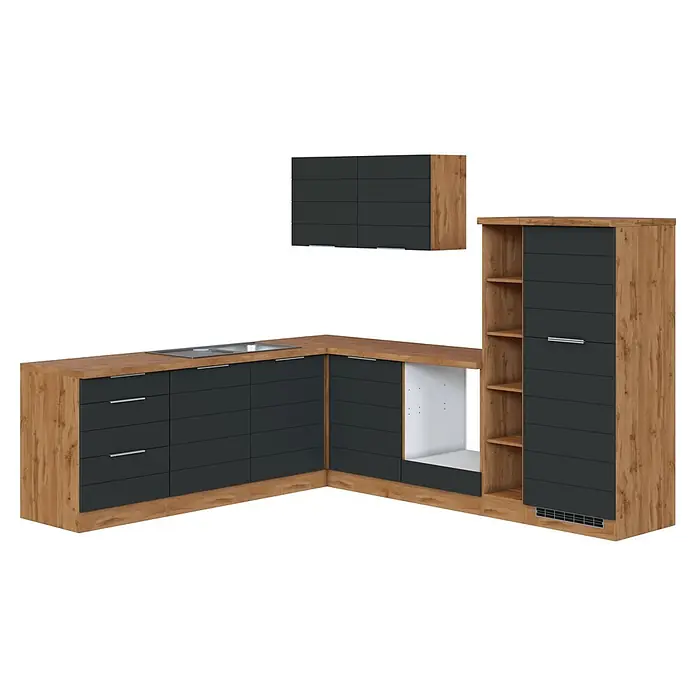 Held Möbel Küchenleerblock Genua Typ 1 - 270 x 240 cm, Grau, Ohne Elektrogeräte - Moderne Eckküchenzeile mit dunkelgrauen Fronten und hellen Holz-Effekt-Arbeitsplatten/Paneelen, inklusive Spüle, Kochfeld, Geräteschacht.