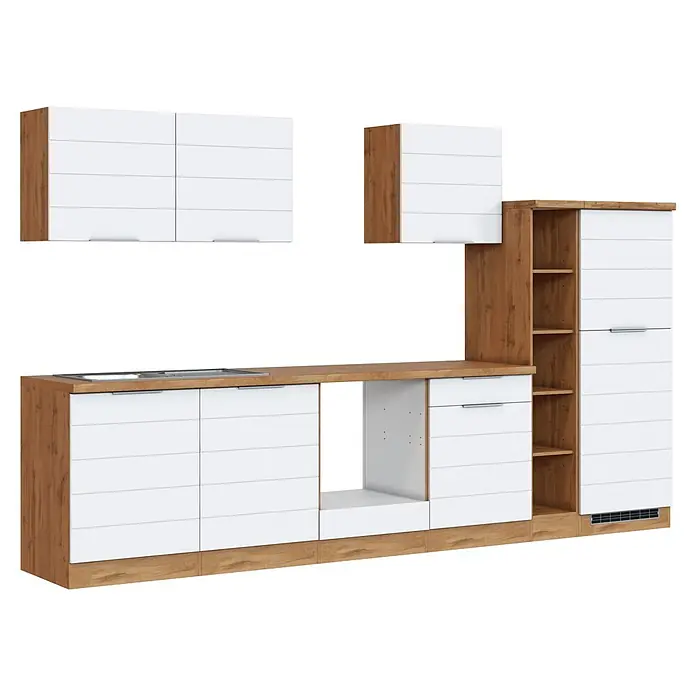Held Möbel Küchenleerblock Genua Typ 3 - Breite: 330 cm, Weiß, Ohne Elektrogeräte - Modulare Küchenzeile mit weißen Fronten und hellen Holzmaserungsakzenten, inklusive Spüle, Arbeitsplatte und verschiedenen Staufächern.