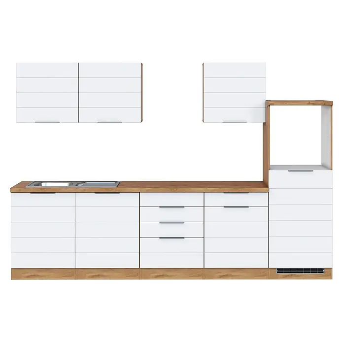 Held Möbel Küchenleerblock Genua Typ 2 - Breite: 300 cm, Weiß, Ohne Elektrogeräte - Moderne Küchenzeile mit weißen Fronten, heller Holz-Arbeitsplatte und integriertem Spülbecken. Mit Ober- und Unterschränken sowie Schubladen.