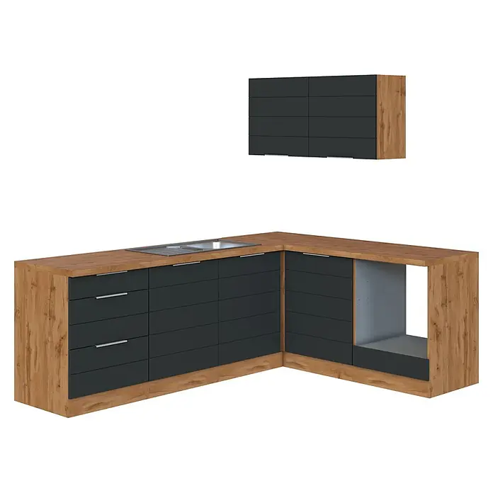 Held Möbel Küchenleerblock Genua Typ 1 - 240 x 180 cm, Grau, Ohne Elektrogeräte - Eckküchenschrank-Set mit Holzoptik-Arbeitsplatte, anthrazitfarbenen Türen, Schubladen und integrierter Spüle. Passender Hängeschrank.