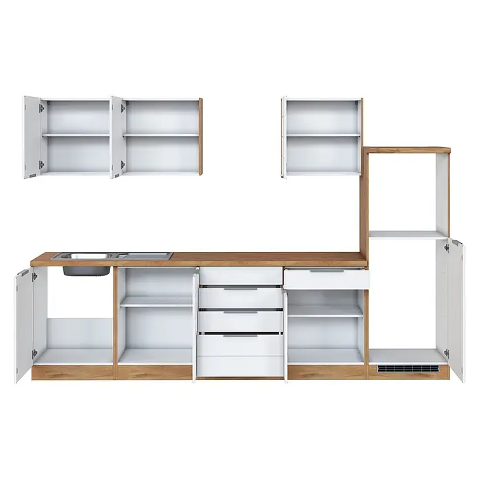 Held Möbel Küchenleerblock Genua Typ 2 - Breite: 300 cm, Weiß, Ohne Elektrogeräte - Modulare Küchenzeile mit weißen Türen und Schubladen, hellen Holzdetails, integrierter Spüle und offenen Fächern.