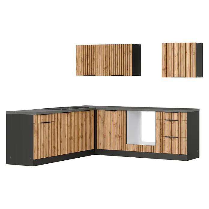 Held Möbel Küchenleerblock Bologna Typ 4 - 240 x 240 cm, Eiche, Ohne Elektrogeräte - Moderne L-förmige Küchenzeile mit hellen Holzlamellenfronten und dunkelgrauen Arbeitsplatten und Schränken, inklusive Oberschränken.