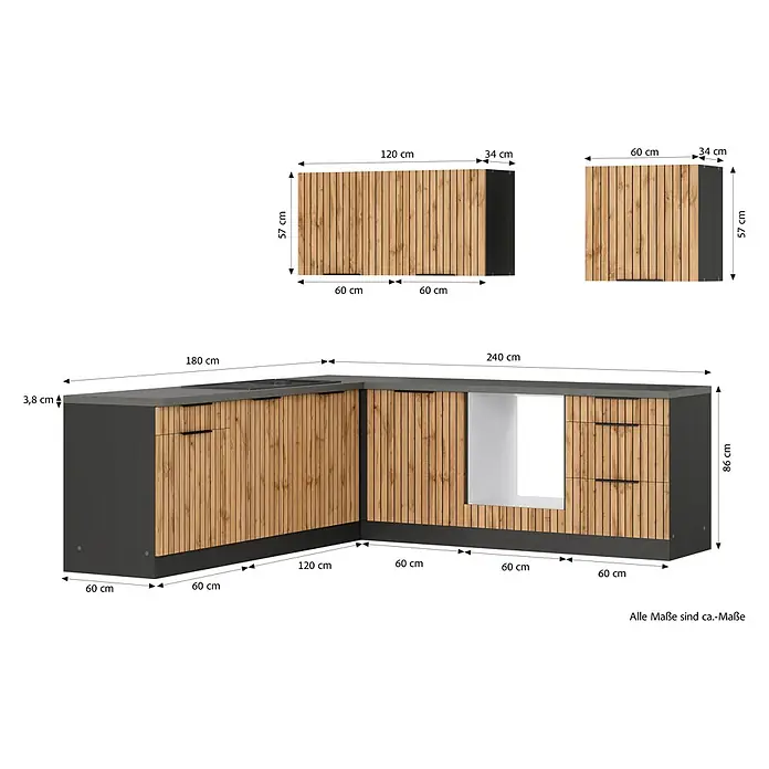 Held Möbel Küchenleerblock Bologna Typ 4 - 240 x 240 cm, Eiche, Ohne Elektrogeräte - L-förmige Küchenzeile mit dunkelgrauen Unterschränken und Arbeitsplatte, hellbraunen Holzlamellenfronten und integriertem Geräteraum.