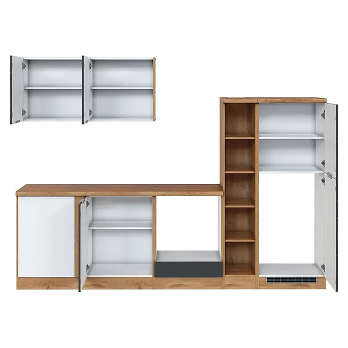 Held Möbel Küchenleerblock Genua Typ 1 - 270 x 240 cm, Grau, Ohne Elektrogeräte - Modulare Küchenschränke und Regalsystem in hellem Holz und Weiß, teilweise offen.