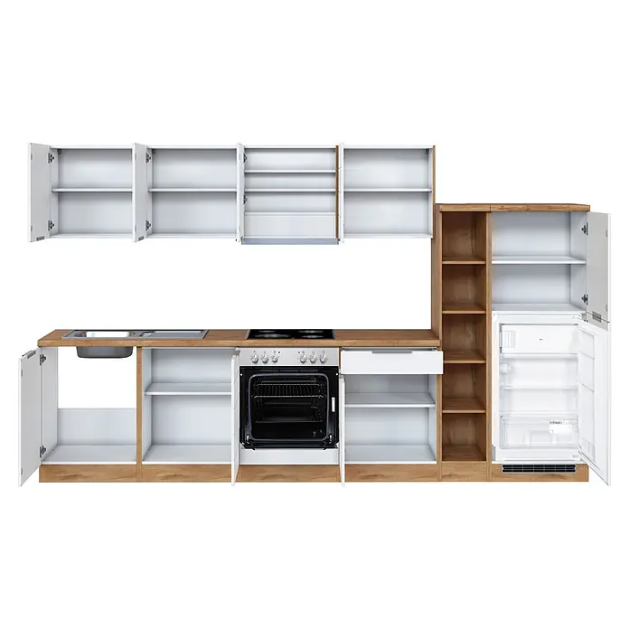 Held Möbel Küchenzeile Genua Typ 1 - Breite: 330 cm, Weiß, Mit Elektrogeräten - Modulare Küchenzeile mit weißen Schränken, heller Holzbasis, silbernen Geräten (Spüle, Herd, Ofen, Kühlschrank). Geöffnete Türen zeigen Innenfächer.