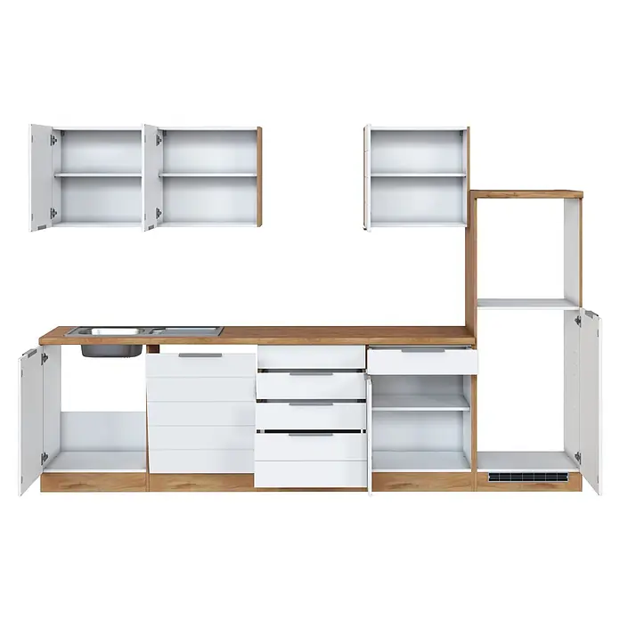 Held Möbel Küchenleerblock Genua Typ 4 - Breite: 300 cm, Weiß, Ohne Elektrogeräte - Weiße Küchenzeile mit hellen Holzdetails, Spüle, offenen Oberschränken und offenen/geschlossenen Unterschränken mit Schubladen.