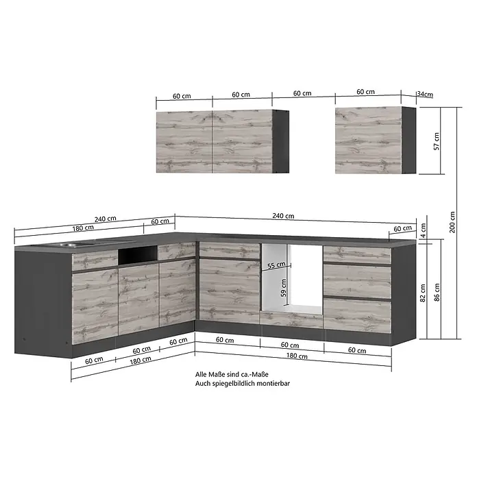 Held Möbel Küchenleerblock Catania Typ 3 - 240 x 240 cm, Eiche, Ohne Elektrogeräte - L-förmige Küchenzeile mit grauer Arbeitsplatte, hellen Holzfronten, integrierter Spüle und passenden Hängeschränken.