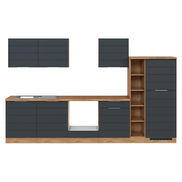 Held Möbel Küchenleerblock Genua Typ 2 - Breite: 330 cm, Grau, Ohne Elektrogeräte - Moderne Küchenzeile mit dunkelgrauen Schränken, Holzplatte und Spüle, mit Regalen und Stauraum.