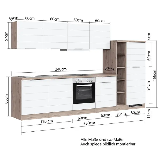 Held Möbel Küchenleerblock Genua Typ 2 - Breite: 330 cm, Grau, Ohne Elektrogeräte - L-förmige Küchenzeile mit weißen Fronten, heller Holzoptik-Arbeitsplatte und integrierten Geräten.