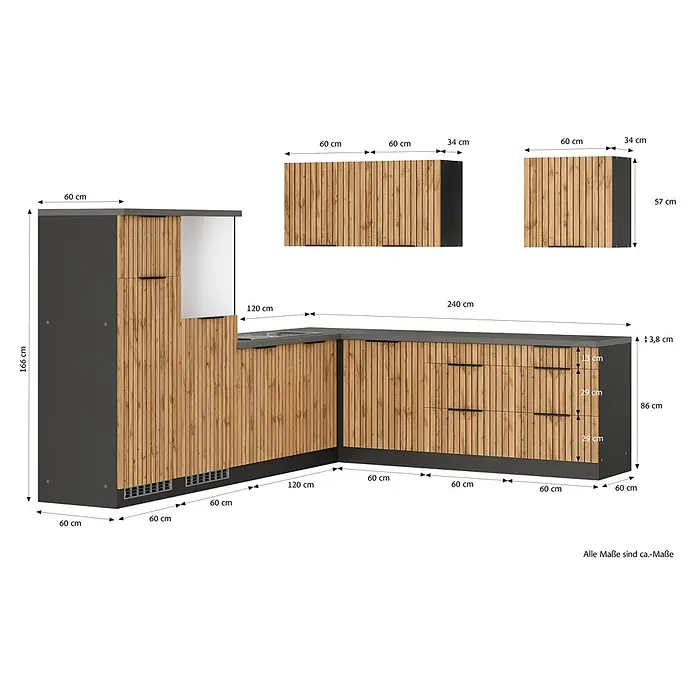 Held Möbel Küchenleerblock Bologna Typ 2 - 300 x 240 cm, Eiche, Ohne Elektrogeräte - Eckküchenzeile mit Holzdekorfronten und dunkler Arbeitsplatte, inklusive Unter- und Oberschränken.