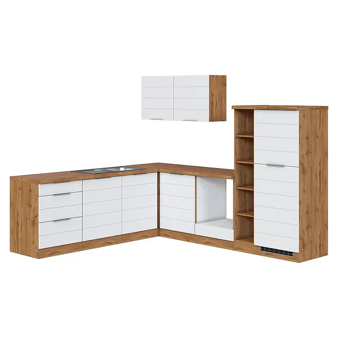 Held Möbel Küchenleerblock Genua Typ 1 - 270 x 240 cm, Weiß, Ohne Elektrogeräte - Moderne L-förmige Küchenzeile in heller Holzoptik mit weißen Fronten, inklusive Spülbecken-/Kochfeld-Bereich, Regalen und Hochschrank.
