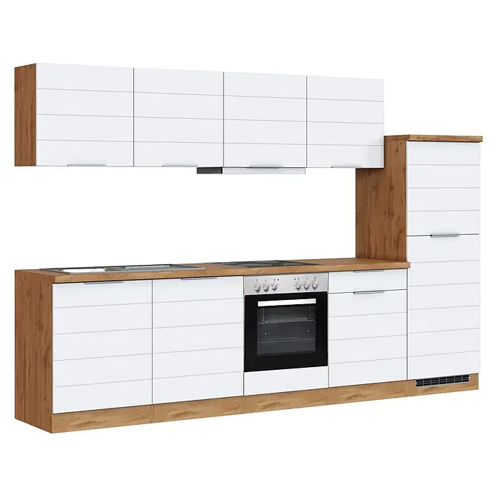 Held Möbel Küchenzeile Genua Typ 1 - Breite: 300 cm, Weiß, Mit Elektrogeräten - Moderne Küchenzeile mit weißen Fronten, hellen Holzakzenten, integriertem Backofen, Kochfeld und Spüle.