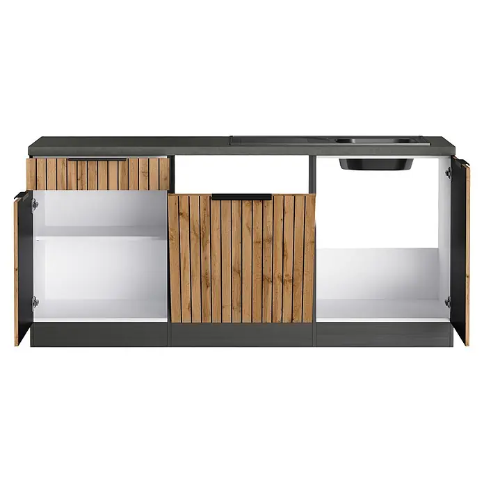 Held Möbel Küchenleerblock Bologna Typ 4 - 240 x 240 cm, Eiche, Ohne Elektrogeräte - Küchenunterschrank mit dunkelgrauer Arbeitsplatte, integrierter Spüle und Holzlamellenfronten; teilweise geöffnete Türen zeigen weißen Innenraum.