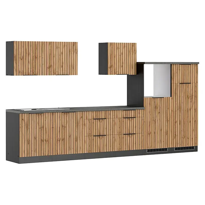 Held Möbel Küchenleerblock Bologna Typ 4 - Breite: 360 cm, Eiche, Ohne Elektrogeräte - Moderne Küchenzeile mit hellen Holzlamellenfronten und dunkelgrauen Rahmen/Arbeitsplatte, inklusive Spüle und Gerätestellplatz.
