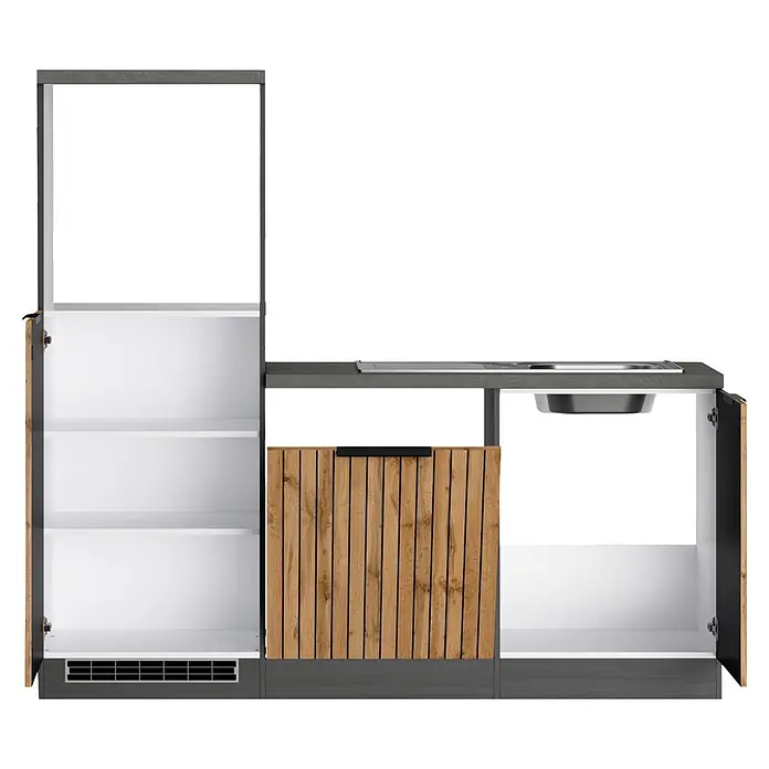 Held Möbel Küchenleerblock Bologna Typ 1 - 240 x 240 cm, Eiche, Ohne Elektrogeräte - Modulare Outdoor-Küche mit dunkelgrauem Rahmen, heller Holzlamellenfront, offenem weißem Stauraum und Edelstahlspüle.