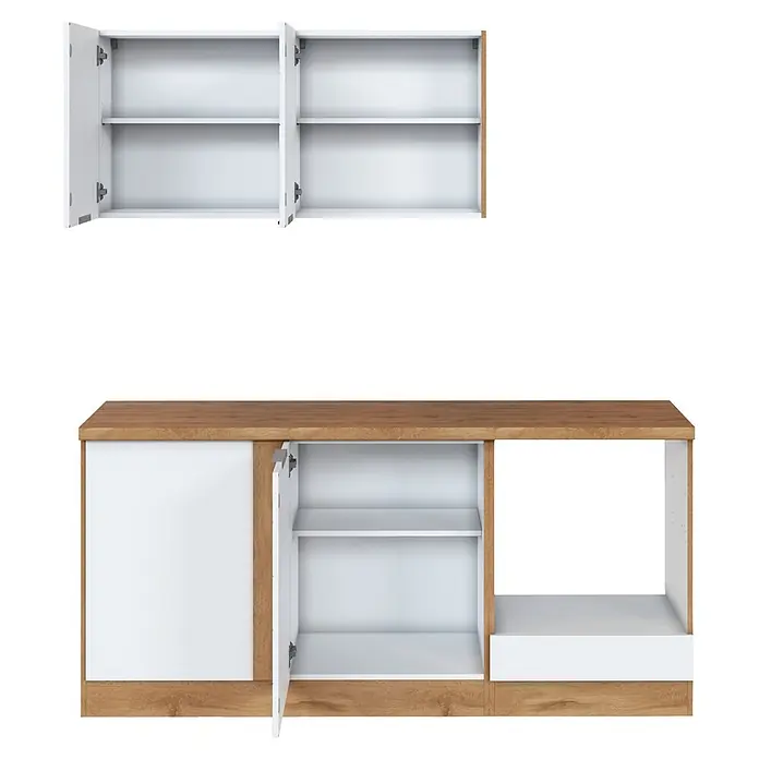 Held Möbel Küchenleerblock Genua Typ 1 - 240 x 180 cm, Weiß, Ohne Elektrogeräte - Modulares Schrankset in Weiß und hellem Holz mit geöffneten Türen, das Innenregale und Fächer zeigt.
