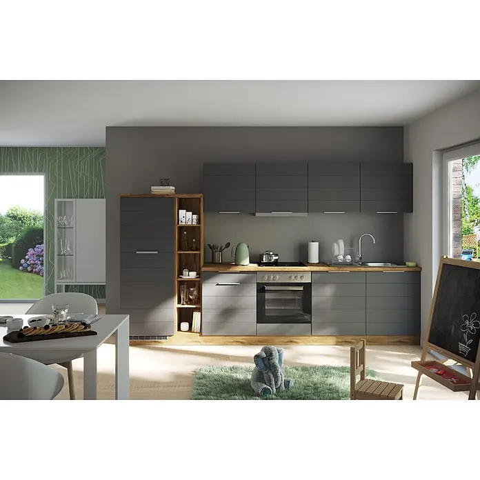 Held Möbel Küchenleerblock Genua Typ 2 - Breite: 330 cm, Grau, Ohne Elektrogeräte - Moderne graue Küche mit Holz-Arbeitsplatten, integrierten Geräten und offenen Regalen im Essbereich.