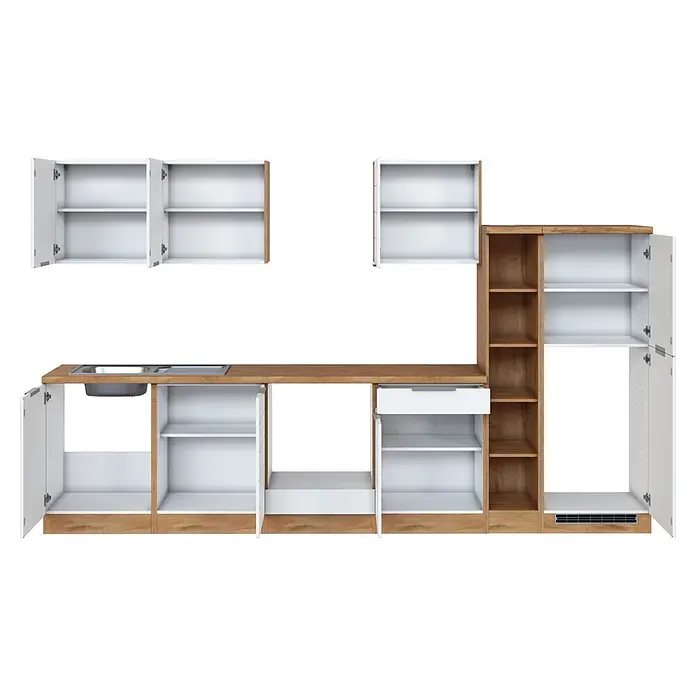 Held Möbel Küchenleerblock Genua Typ 2 - Breite: 330 cm, Weiß, Ohne Elektrogeräte - Modulare Küchenschränke in Weiß und hellem Holz mit offenen Regalen, Spüle und Schublade.