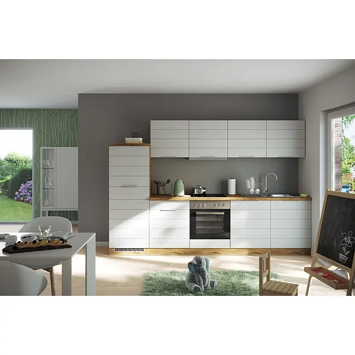 Held Möbel Küchenleerblock Genua Typ 3 - Breite: 300 cm, Weiß, Ohne Elektrogeräte - Moderne weiße Küchenzeile mit Holzplatte und integriertem Backofen in hellem Wohnraum.