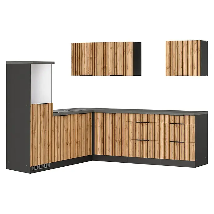 Held Möbel Küchenleerblock Bologna Typ 1 - 240 x 240 cm, Eiche, Ohne Elektrogeräte - L-förmige Küchenzeile mit Holzlamellenfronten, dunkelgrauer Arbeitsplatte, Spüle und hohem Geräteschrank, sowie zwei passenden Oberschränken.