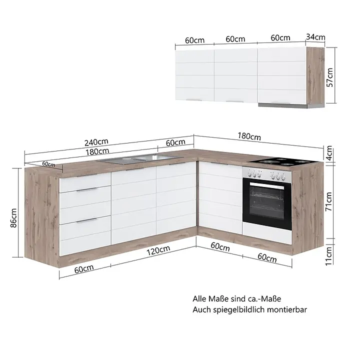 Held Möbel Küchenleerblock Genua Typ 1 - 240 x 180 cm, Grau, Ohne Elektrogeräte - Eckküchenzeile in Holzoptik und Weiß mit Unter- und Oberschränken, Spüle, Herd und Backofen.