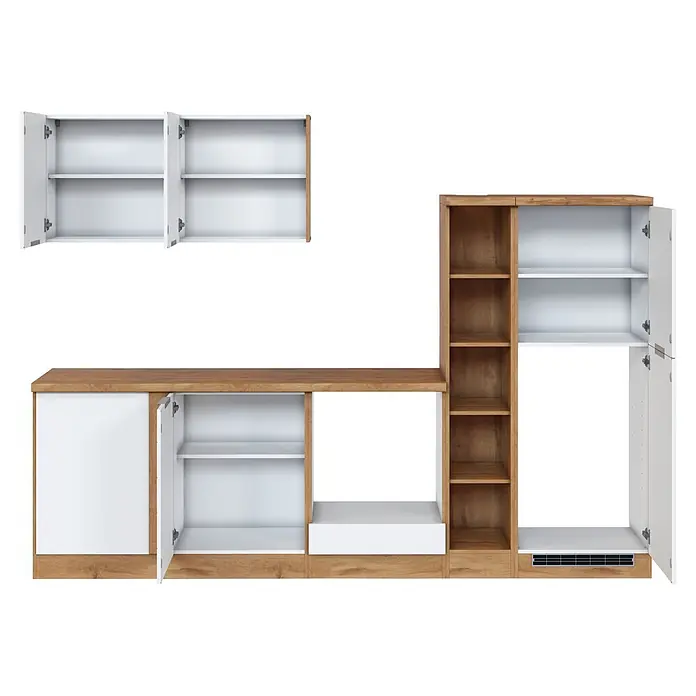 Held Möbel Küchenleerblock Genua Typ 1 - 270 x 240 cm, Weiß, Ohne Elektrogeräte - Modulare Küchenschränke und Regale in Weiß und hellem Holz, teils offene Türen zeigen Innenfächer.
