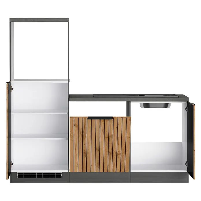 Held Möbel Küchenleerblock Bologna Typ 2 - 240 x 240 cm, Eiche, Ohne Elektrogeräte - Modulare Outdoor-Küche mit dunkelgrauem Rahmen, Lamellentür aus hellem Holz, weißem Innenraum, Kochfeld und Spüle.