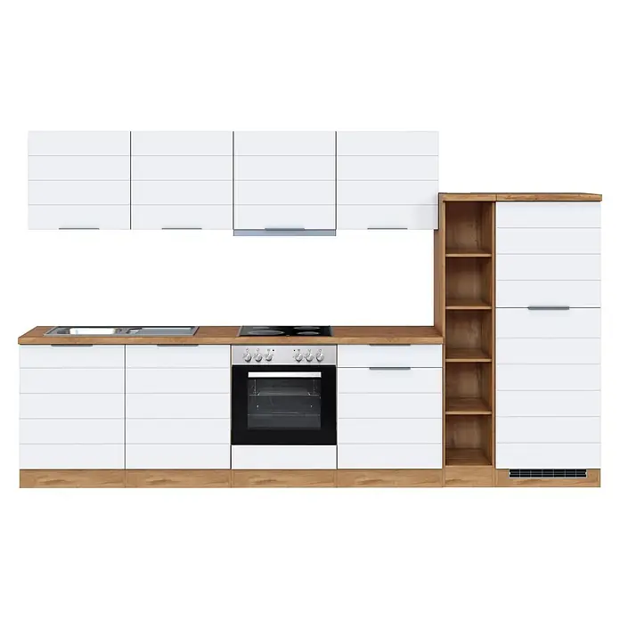 Held Möbel Küchenzeile Genua Typ 1 - Breite: 330 cm, Weiß, Mit Elektrogeräten - Moderne weiße Küchenzeile mit Holzplatte, integrierten Geräten und hohem Schrank mit offenen Fächern.