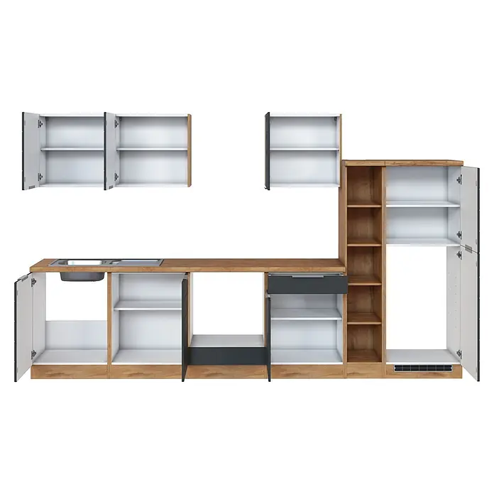 Held Möbel Küchenleerblock Genua Typ 2 - Breite: 330 cm, Grau, Ohne Elektrogeräte - Modulare Küchenschrank-Kombination in hellem Holz, Weiß und Dunkelgrau, mit offenen Türen, Regalen und Spüle.