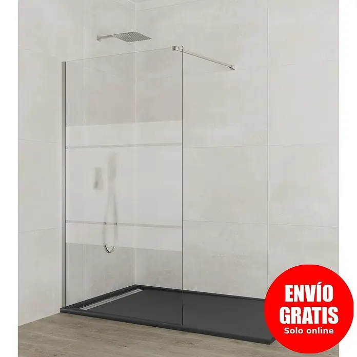 GME Mampara de ducha fija + brazo Screen - An x Al: 98 x 195 cm, Vidrio serigrafiado, Plata brillo - Mampara de ducha de cristal con franjas esmeriladas y barra de soporte cromada, con plato de ducha gris oscuro.