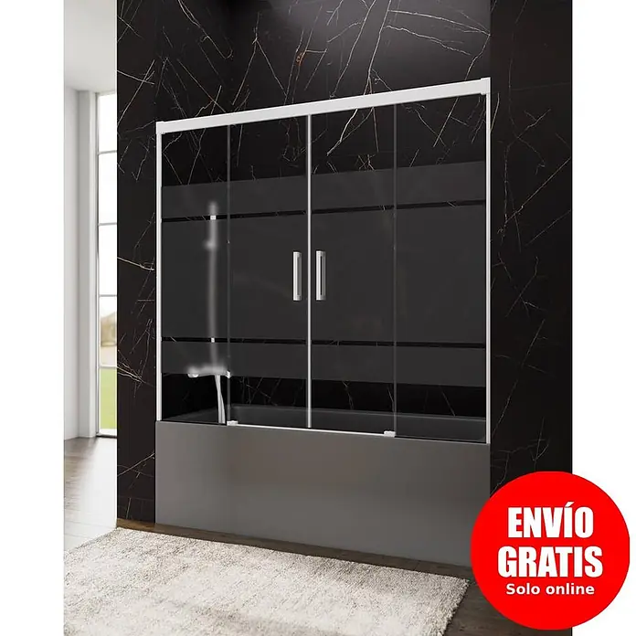 GME Mampara para bañera Basic Spazio - An x Al: 162 x 150 cm, Vidrio serigrafiado, Blanco - Mampara de bañera con puertas correderas, paneles de cristal transparente y esmerilado, y marco blanco sobre una bañera gris oscuro.