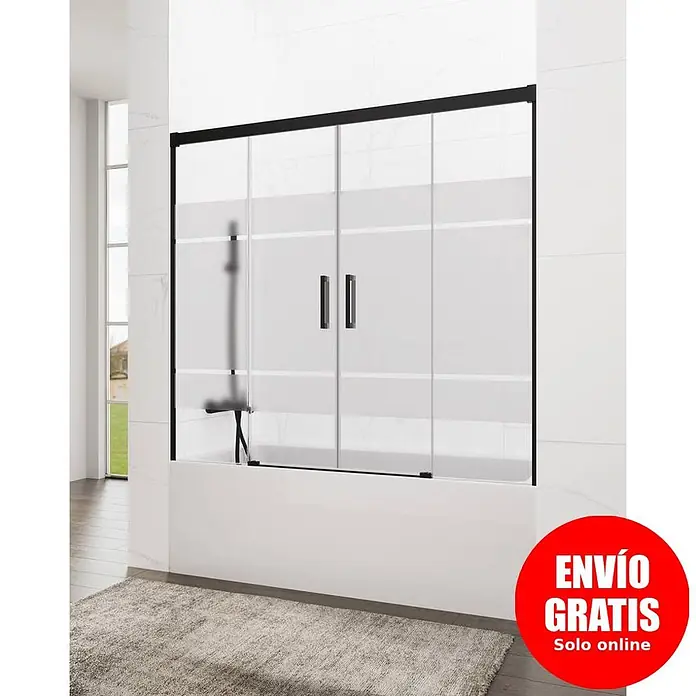 GME Mampara para bañera Basic Spazio - An x Al: 182 x 150 cm, Vidrio serigrafiado, Negro - Mampara de bañera con marco negro y paneles de cristal parcialmente esmerilado, instalada sobre una bañera blanca.