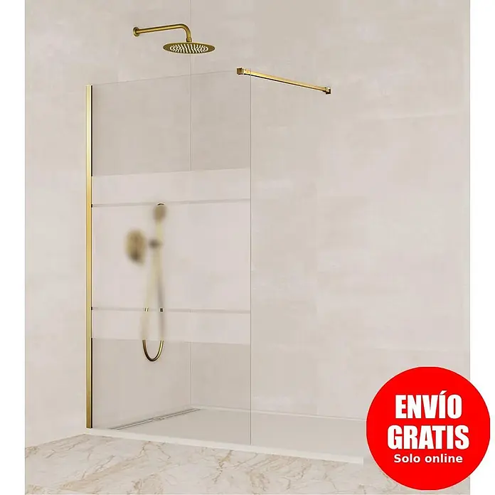 GME Mampara de ducha fija + brazo Screen - An x Al: 118 x 195 cm, Vidrio serigrafiado, Oro - Mampara de ducha walk-in dorada con bandas de cristal mate y rociador de ducha dorado a juego.