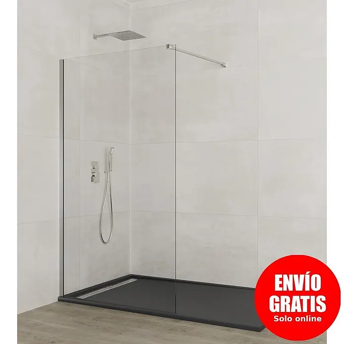 GME Mampara de ducha fija + brazo Screen - An x Al: 118 x 195 cm, Vidrio transparente, Plata brillo - Mampara de ducha moderna con plato gris oscuro, pantalla de cristal, ducha de lluvia y ducha de mano sobre azulejos claros.