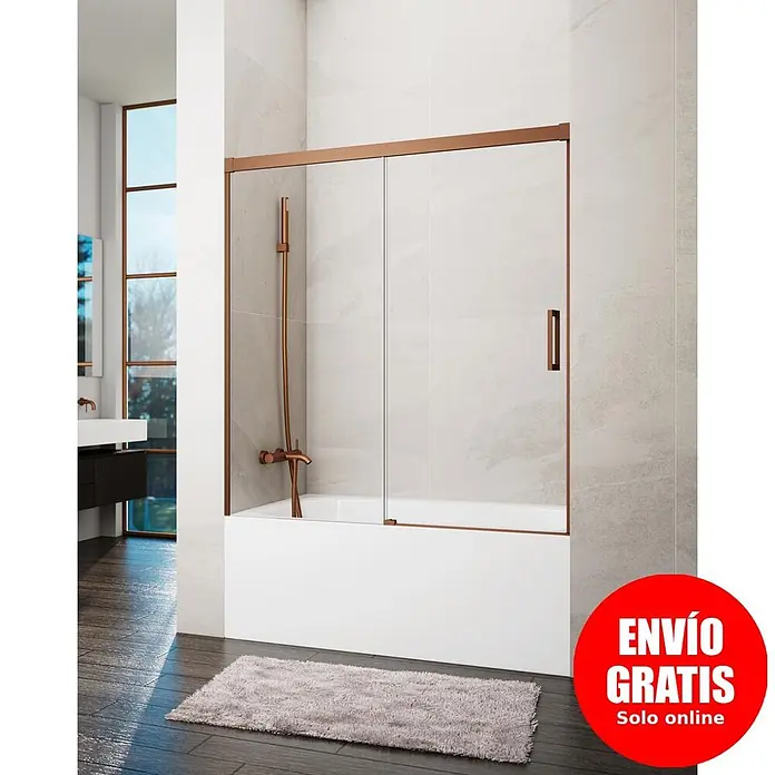 GME Mampara para bañera Basic - An x Al: 165 x 150 cm, Vidrio transparente, Cobre - Mampara de ducha con marco cobrizo y cristal transparente instalada sobre bañera blanca.