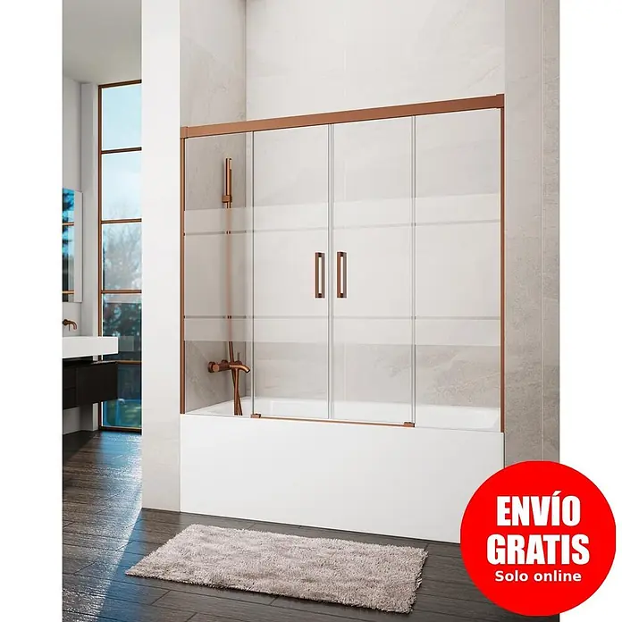 GME Mampara para bañera Basic Spazio - An x Al: 180 x 150 cm, Vidrio serigrafiado, Cobre - Mampara de ducha de cristal con marco cobre para bañera. Paneles deslizantes con franjas esmeriladas.