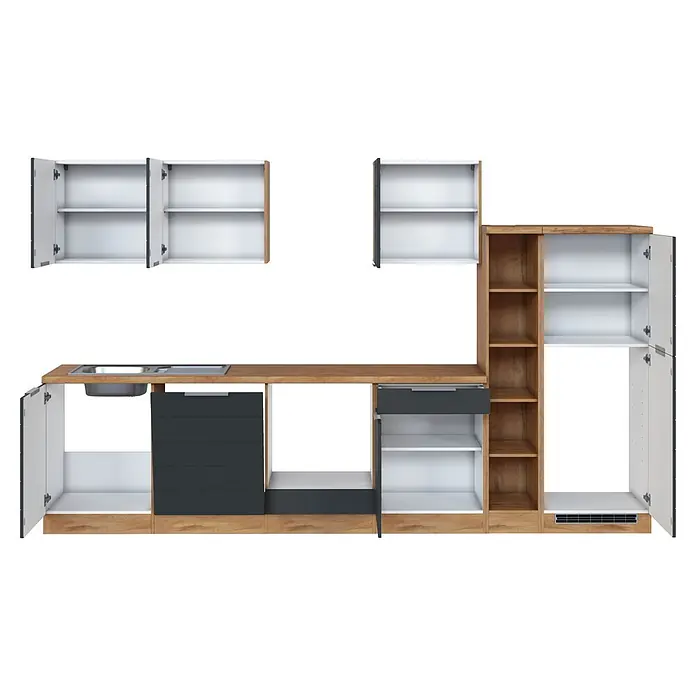 Held Möbel Küchenleerblock Genua Typ 3 - Breite: 330 cm, Grau, Ohne Elektrogeräte - Modulare Küche mit hellen Holz-, weißen und dunkelgrauen Schränken, Schubladen, Spüle und offenen Regalen. Türen sind geöffnet, Innenausstattung sichtbar.
