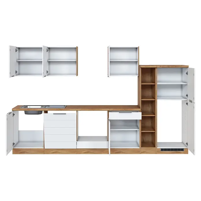 Held Möbel Küchenleerblock Genua Typ 3 - Breite: 330 cm, Weiß, Ohne Elektrogeräte - Modulare Küche aus Weiß und Holz mit Spüle, Schubladen und offenen Türen.