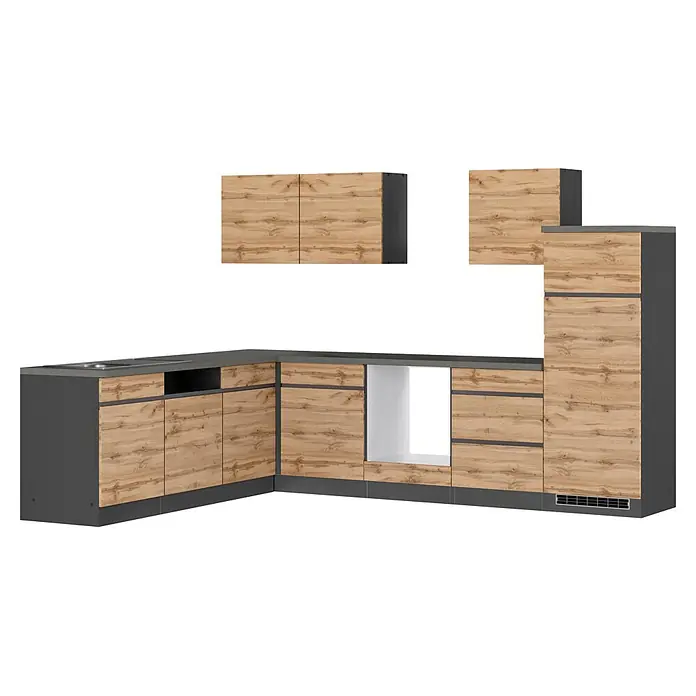 Held Möbel Küchenleerblock Catania Typ 4 - 240 x 300 cm, Eiche, Ohne Elektrogeräte - Moderne Eckküche mit hellen Holzfronten und dunkelgrauen Rahmen, Spüle, Geräteeinschub und Oberschränken.