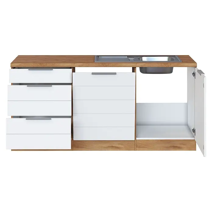 Held Möbel Küchenleerblock Genua Typ 1 - 270 x 240 cm, Weiß, Ohne Elektrogeräte - Moderne Küchenunterschrankzeile mit heller Holzplatte, integrierter Spüle, weißen Schubladen und offenem Unterschrank.