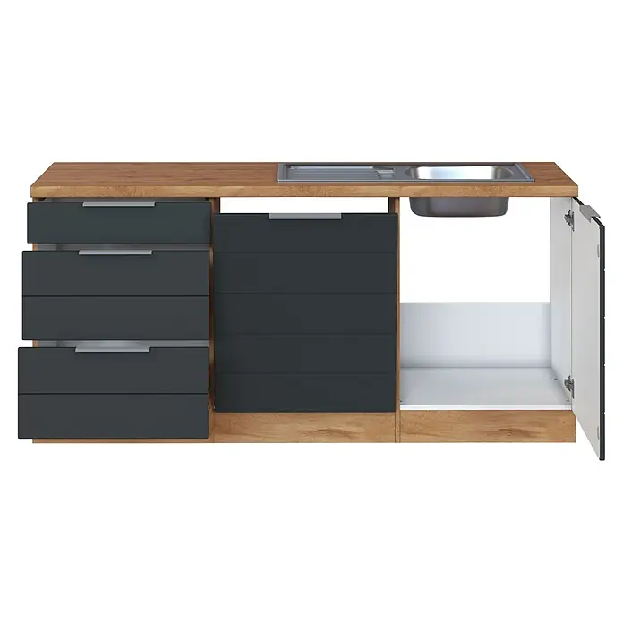Held Möbel Küchenleerblock Genua Typ 1 - 270 x 240 cm, Grau, Ohne Elektrogeräte - Küchenunterschrank mit Holzarbeitsplatte, Spüle, anthrazitfarbenen Schubladen und offenem Schrank mit weißem Innenraum.
