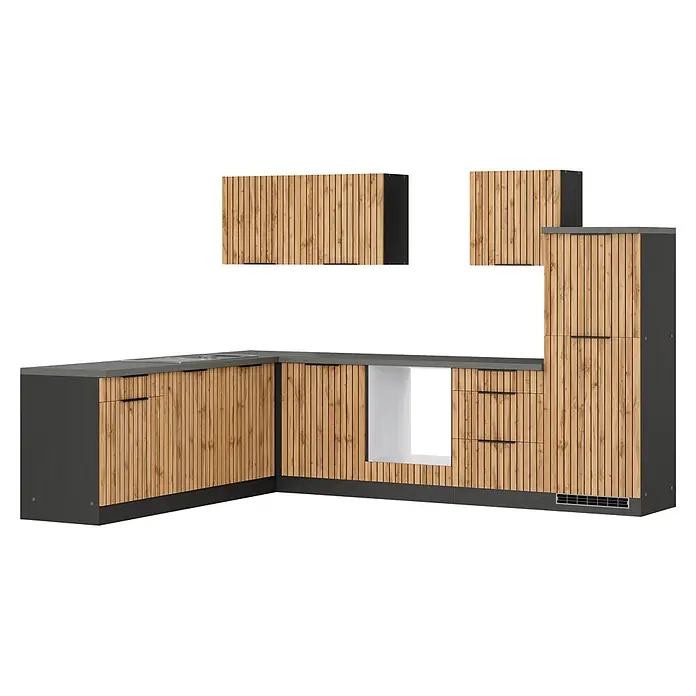 Held Möbel Küchenleerblock Bologna Typ 3 - 300 x 240 cm, Eiche, Ohne Elektrogeräte - Moderne L-förmige Küchenzeile mit hellen Holzlamellenfronten, dunkelgrauen Oberflächen, integrierter Spüle und Oberschränken.