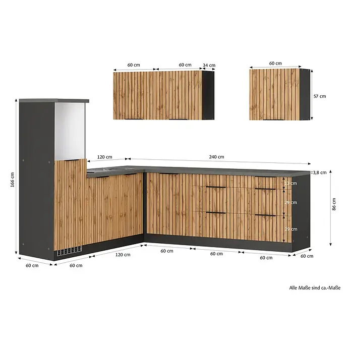 Held Möbel Küchenleerblock Bologna Typ 1 - 240 x 240 cm, Eiche, Ohne Elektrogeräte - L-förmige Küchenzeile mit Holzlamellenfronten und dunkelgrauen Elementen, inklusive Hochschrank und Oberschränken.