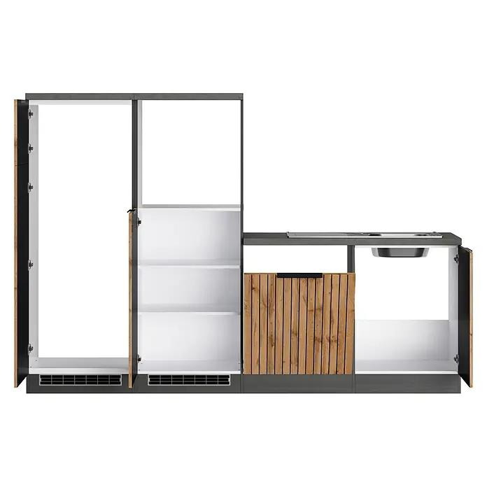 Held Möbel Küchenleerblock Bologna Typ 2 - 300 x 240 cm, Eiche, Ohne Elektrogeräte - Offene Küchenzeile mit Spüle und Regalen in Dunkelgrau und hellem Holz.
