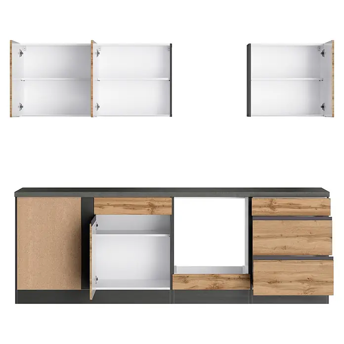 Held Möbel Küchenleerblock Catania Typ 3 - 240 x 240 cm, Eiche, Ohne Elektrogeräte - Modulare Küchenschränke mit Holzoptik- und beigen Türen/Schubladen, dunklen Akzenten. Oberschränke offen, zeigen weiße Innenräume mit Regalen.